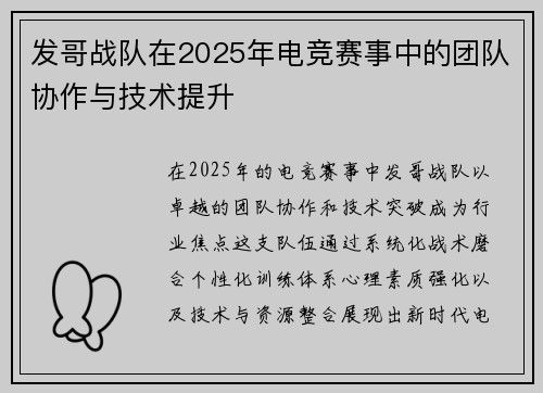 发哥战队在2025年电竞赛事中的团队协作与技术提升